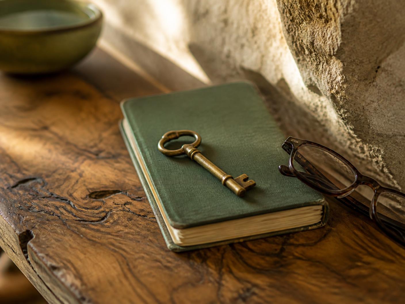 An old brass key and a notebook on an olive wood table